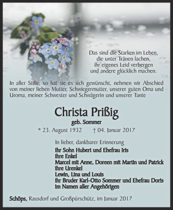 Traueranzeige von Christa Prißig von Ostthüringer Zeitung, Thüringische Landeszeitung