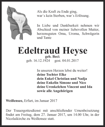 Traueranzeige von Edeltraud Heyse von Thüringer Allgemeine