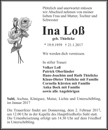 Traueranzeige von Ina Loß  von Ostthüringer Zeitung