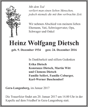 Traueranzeige von Heinz Wolfgang Dietsch von Ostthüringer Zeitung