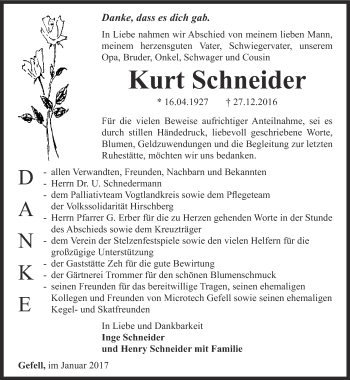 Traueranzeige von Kurt Schneider von Ostthüringer Zeitung