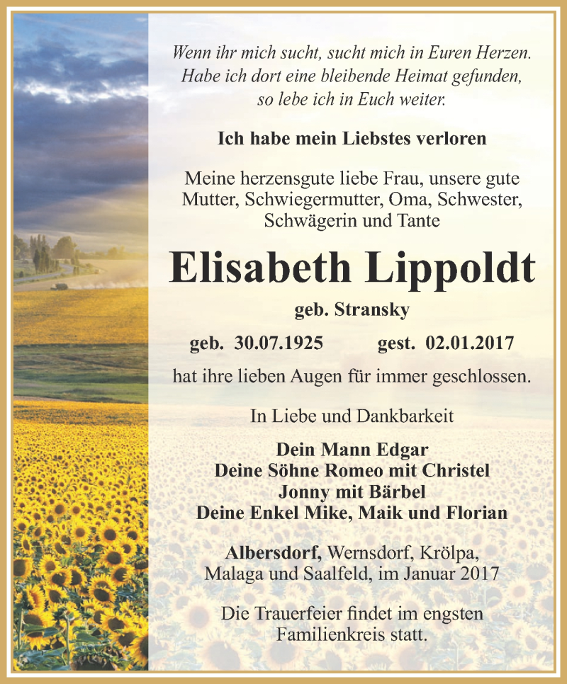  Traueranzeige für Elisabeth Lippoldt vom 07.01.2017 aus Ostthüringer Zeitung
