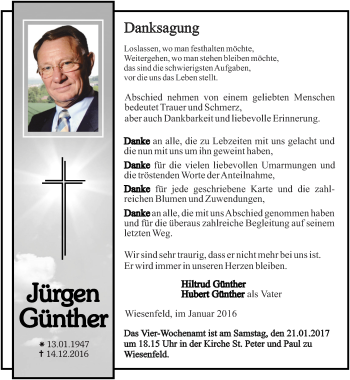 Traueranzeige von Jürgen Günther von Thüringer Allgemeine