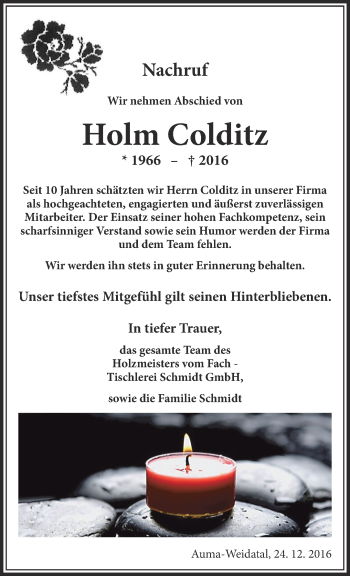 Traueranzeige von Holm Colditz von Ostthüringer Zeitung