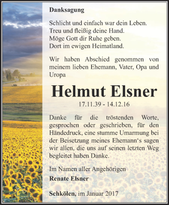 Traueranzeige von Helmut Elsner von Ostthüringer Zeitung