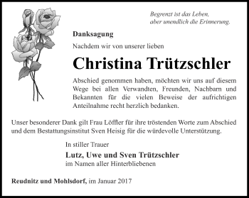 Traueranzeige von Christina Trützschler von Ostthüringer Zeitung