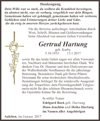 Traueranzeige von Getrud Hartung von Thüringer Allgemeine