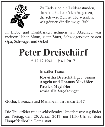 Traueranzeige von Peter Dreischärf von Ostthüringer Zeitung, Thüringische Landeszeitung