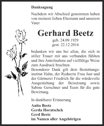 Traueranzeige von Gerhard Beetz von Ostthüringer Zeitung