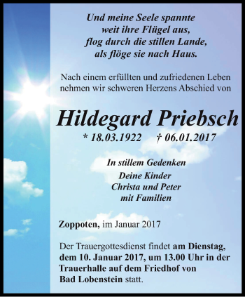 Traueranzeige von Hildegard Priebsch von Ostthüringer Zeitung