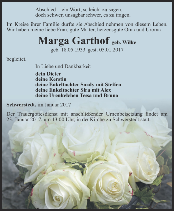 Traueranzeige von Marga Garthof von Thüringer Allgemeine