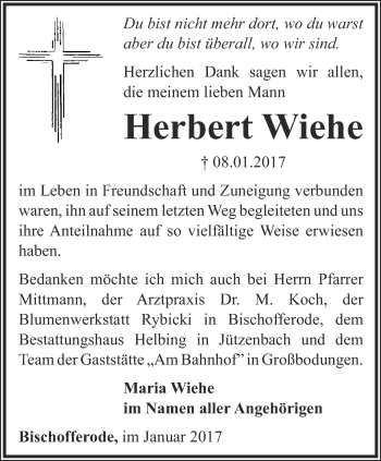 Traueranzeige von Herbert Wiehe von Thüringer Allgemeine