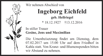 Traueranzeige von Ingeborg Eichfeld von Ostthüringer Zeitung, Thüringische Landeszeitung