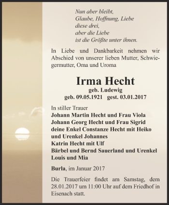 Traueranzeige von Irma Hecht von Thüringer Allgemeine, Thüringische Landeszeitung