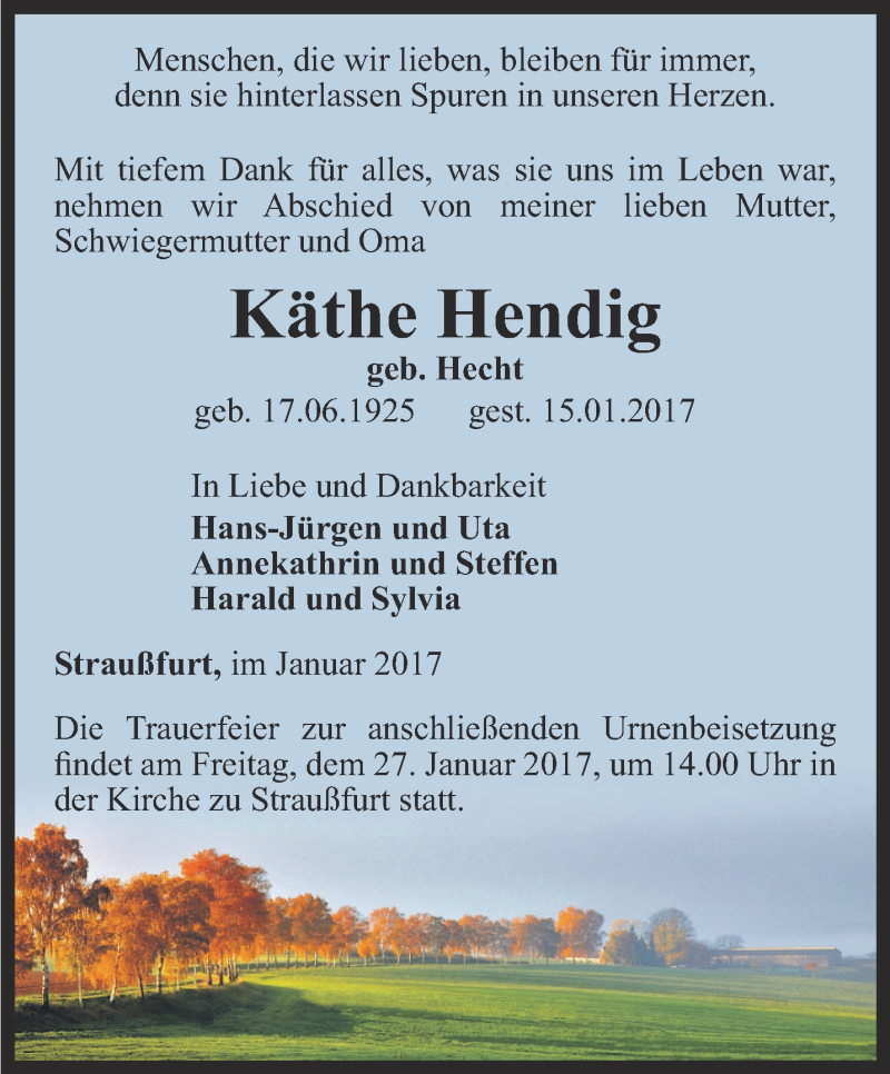  Traueranzeige für Käthe Hendig vom 20.01.2017 aus Thüringer Allgemeine