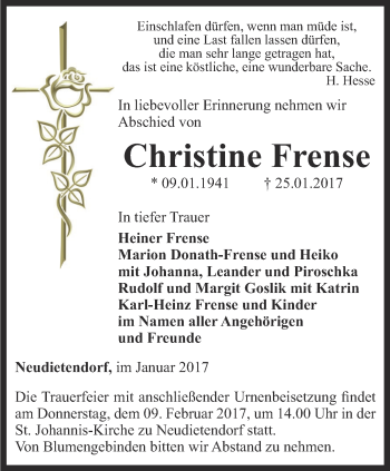 Traueranzeige von Christine Frense von Ostthüringer Zeitung, Thüringische Landeszeitung