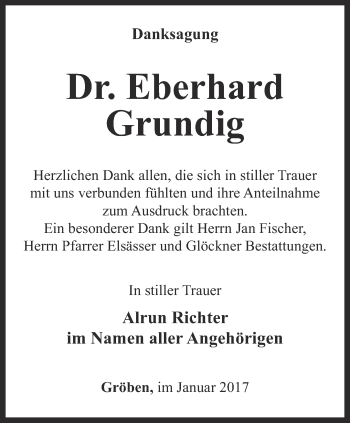 Traueranzeige von Eberhard Grundig von Ostthüringer Zeitung, Thüringische Landeszeitung