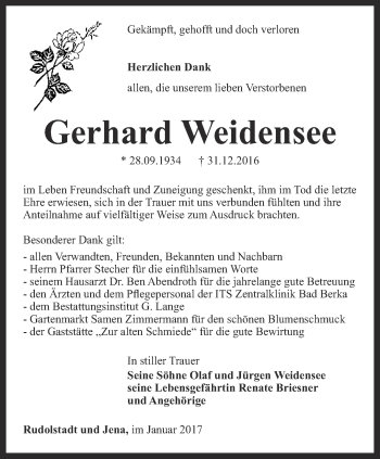 Traueranzeige von Gerhard Weidensee von Ostthüringer Zeitung, Thüringische Landeszeitung