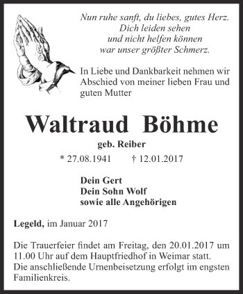 Traueranzeige von Waltraud Böhme von Thüringer Allgemeine, Thüringische Landeszeitung