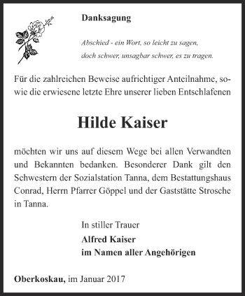 Traueranzeige von Hilde Kaiser von Ostthüringer Zeitung