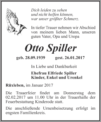 Traueranzeige von Otto Spiller von Thüringer Allgemeine