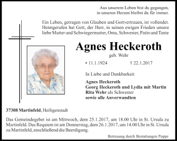 Traueranzeige von Agnes Heckeroth von Thüringer Allgemeine