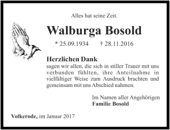 Traueranzeige von Walburga Bosold von Thüringer Allgemeine