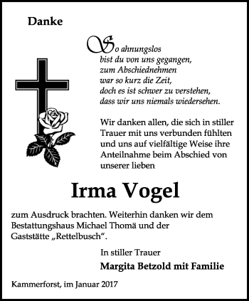 Traueranzeige von Irma Vogel von Thüringer Allgemeine, Thüringische Landeszeitung