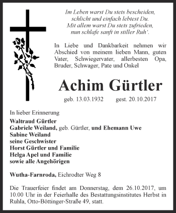 Traueranzeige von Achim Gürtler von Thüringer Allgemeine, Thüringische Landeszeitung