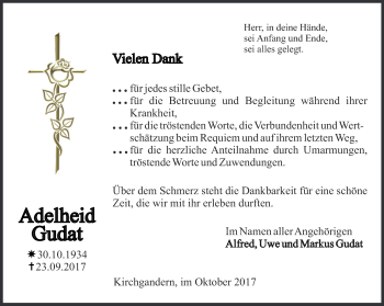 Traueranzeige von Adelheid Gudat von Thüringer Allgemeine
