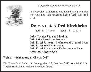 Traueranzeige von Alfred Kirchheim von Thüringer Allgemeine, Thüringische Landeszeitung