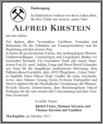 Traueranzeige von Alfred Kirstein von Ostthüringer Zeitung