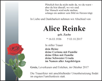 Traueranzeige von Alice Reinke