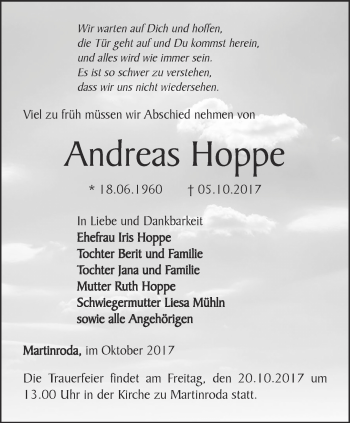 Traueranzeige von Andreas Hoppe von Thüringer Allgemeine