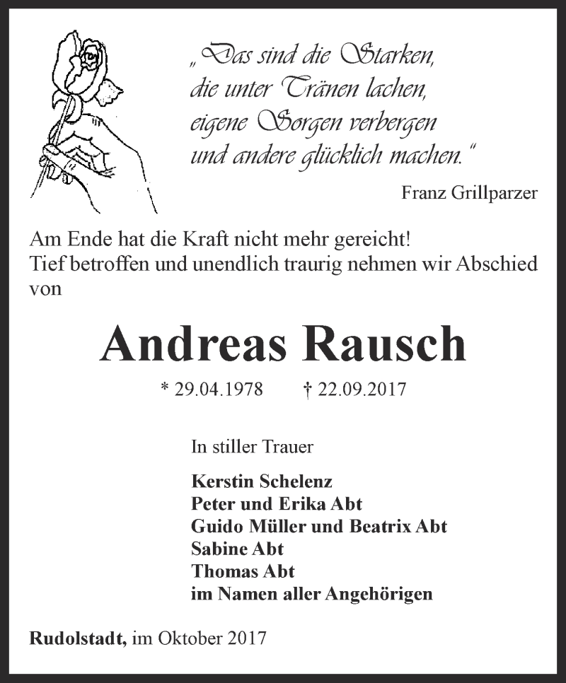  Traueranzeige für Andreas Rausch vom 05.10.2017 aus Ostthüringer Zeitung