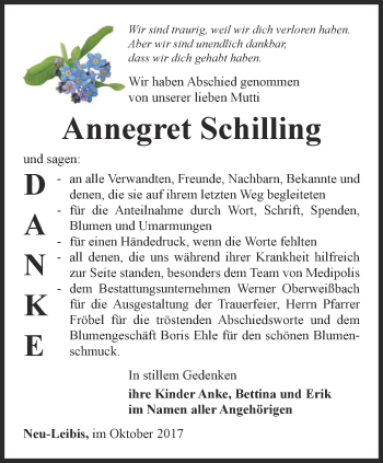 Traueranzeige von Annegret Schilling von Ostthüringer Zeitung