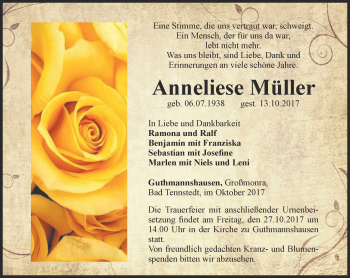 Traueranzeige von Anneliese Müller von Thüringer Allgemeine