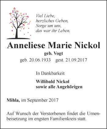 Traueranzeige von Anneliese Marie Nickol von Thüringer Allgemeine, Thüringische Landeszeitung