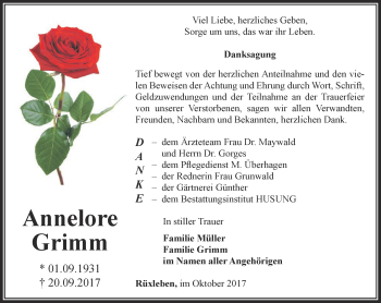 Traueranzeige von Annelore Grimm von Thüringer Allgemeine