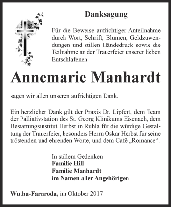 Traueranzeige von Annemarie Manhardt von Thüringer Allgemeine, Thüringische Landeszeitung