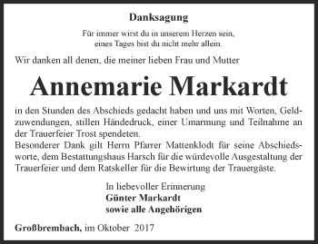 Traueranzeige von Annemarie Markardt von Thüringer Allgemeine