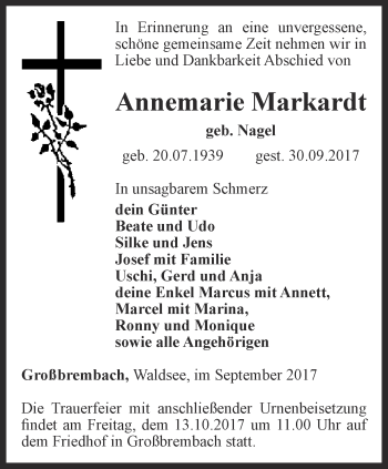 Traueranzeige von Annemarie Markardt von Thüringer Allgemeine