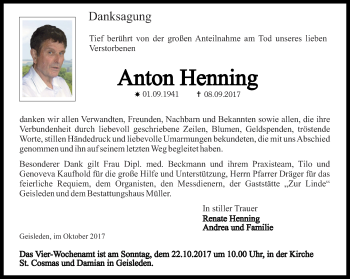 Traueranzeige von Anton Henning von Thüringer Allgemeine