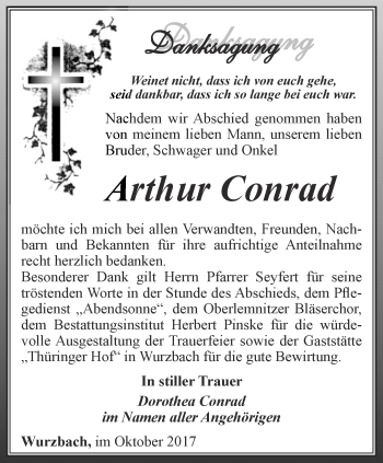Traueranzeige von Arthur Conrad von Ostthüringer Zeitung