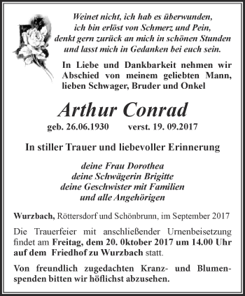 Traueranzeige von Arthur Conrad von Ostthüringer Zeitung