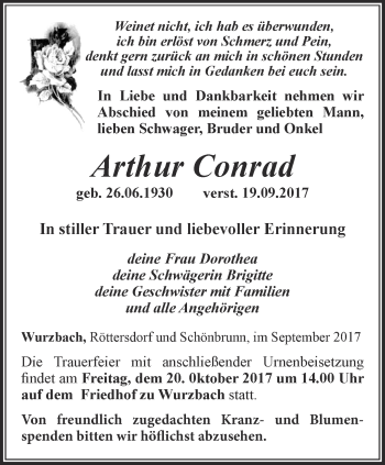 Traueranzeige von Arthur Conrad von Ostthüringer Zeitung
