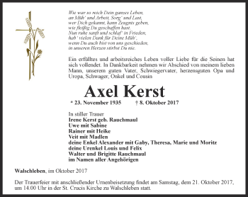 Traueranzeige von Axel Kerst von Thüringer Allgemeine, Thüringische Landeszeitung