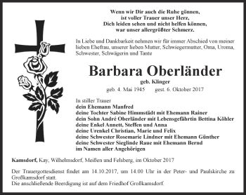 Traueranzeige von Barbara Oberländer von Ostthüringer Zeitung