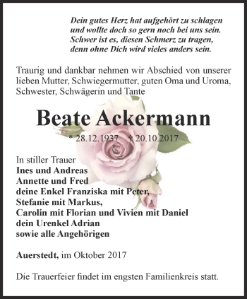 Traueranzeige von Beate Ackermann von Thüringer Allgemeine, Thüringische Landeszeitung