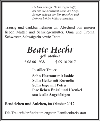 Traueranzeige von Beate Hecht  von Thüringer Allgemeine